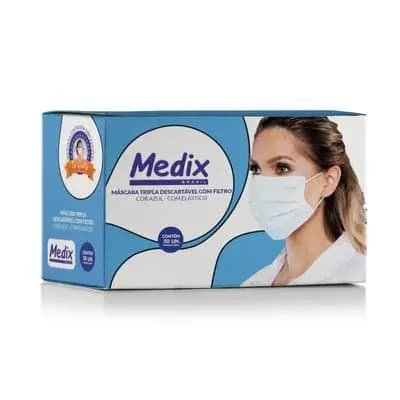 Máscara Tripla com Elástico Azul – Caixa com 50 Unidades